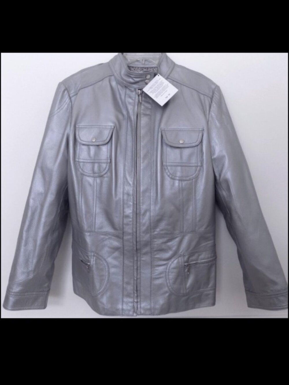 NWT Genuine leather jacket Gray $298 Medium Zippers Pockets Lined High neck New